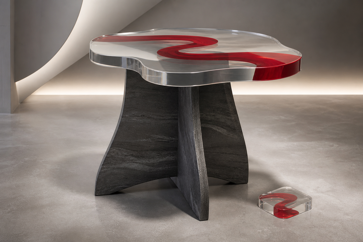 Creative clear epoxy tabletop with a flowing red inlay and sculptural charcoal base