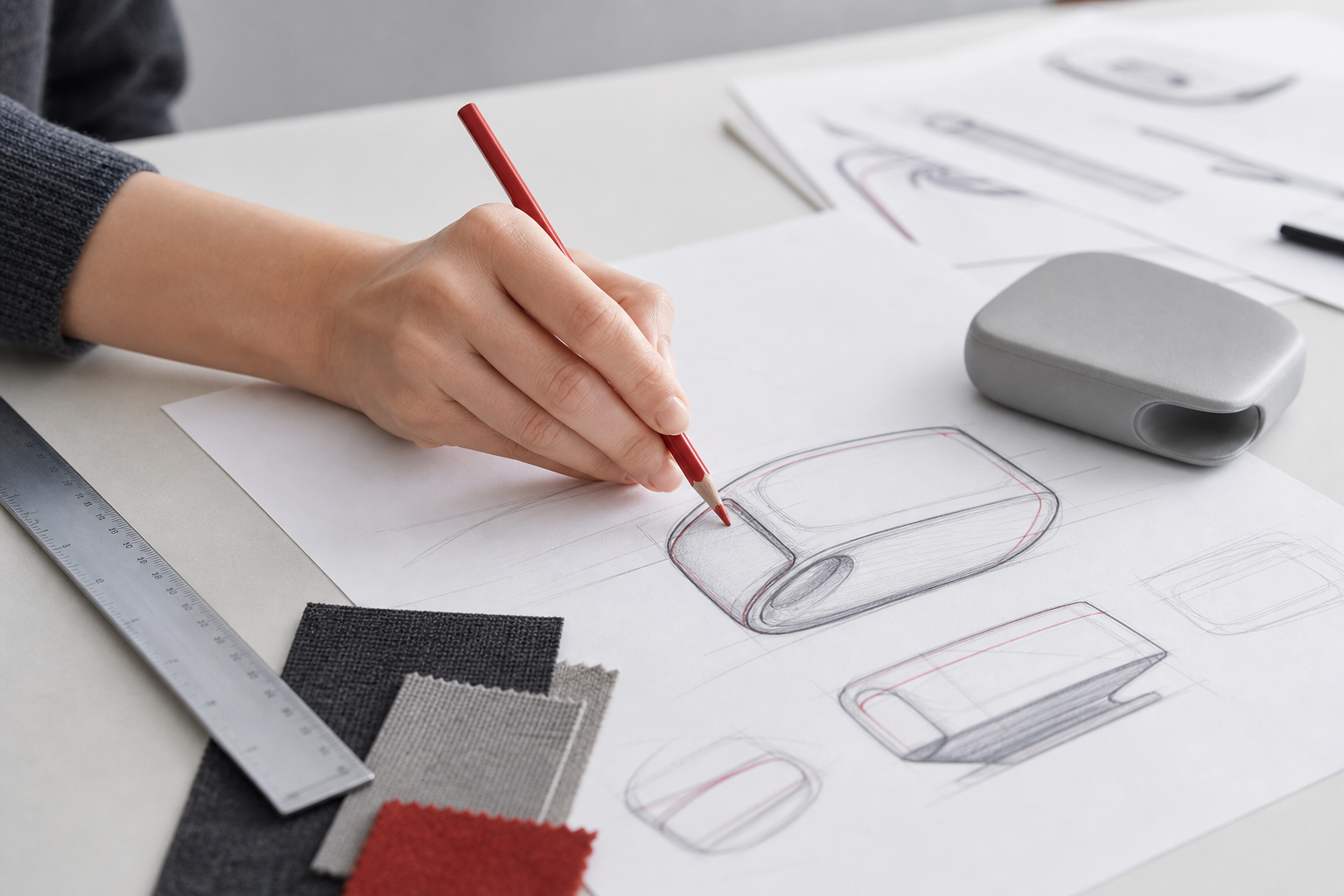 Female product designer sketching a new concept with a red pencil