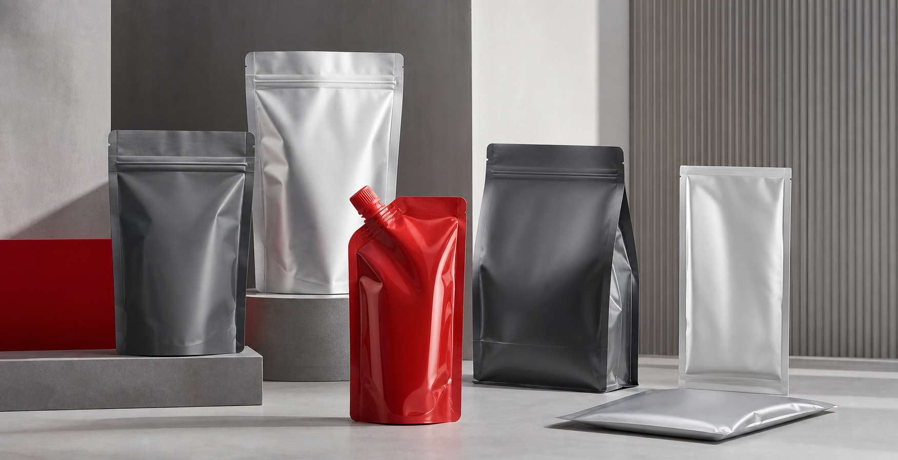 3D stand-up pouches, LD and HD flexible packs, zipper pouches and a red nozzle pouch