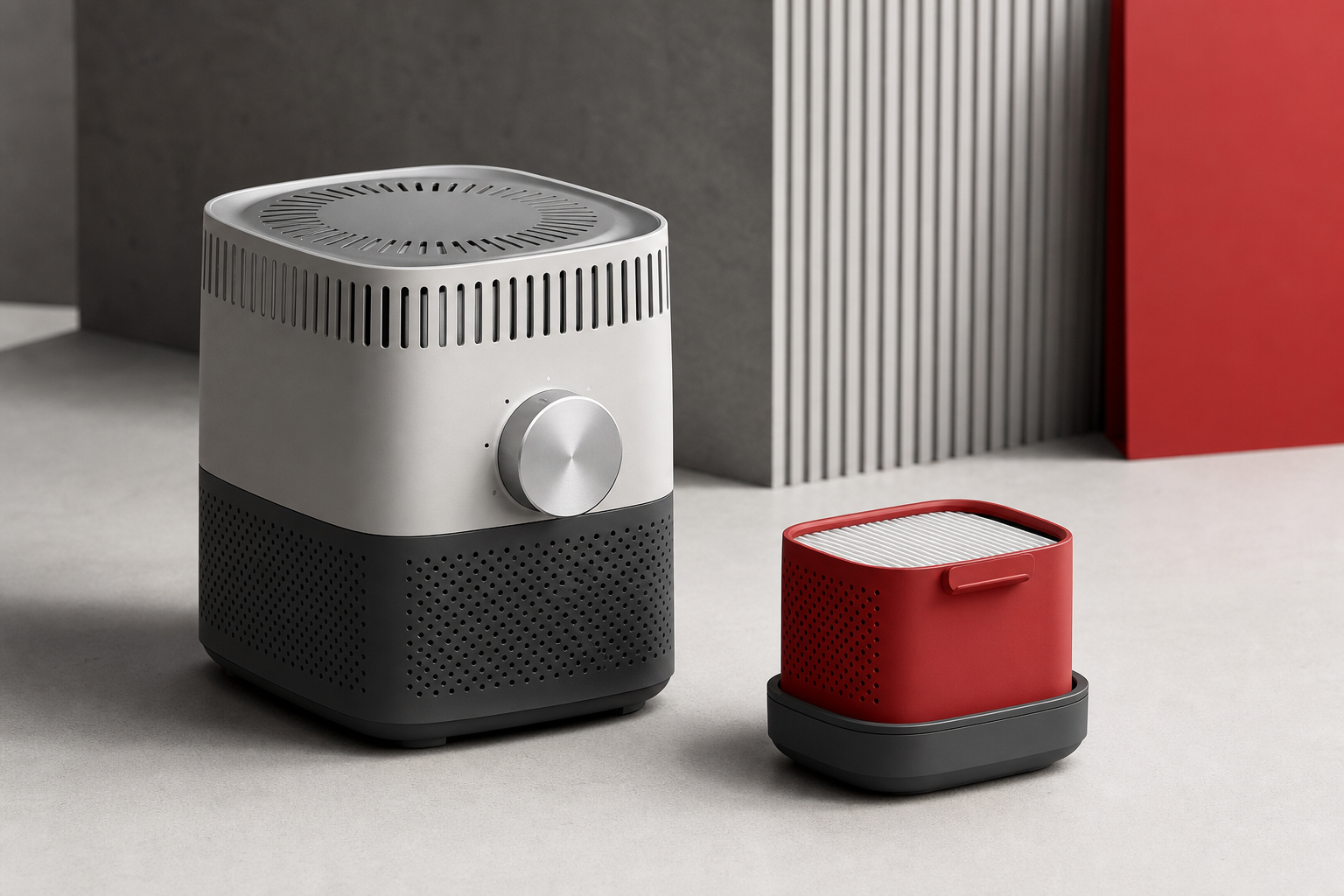 Innovative modular air-quality product concept in charcoal grey, silver and red